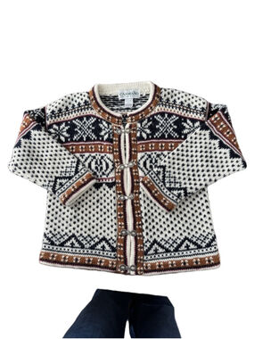 Women's CAAMANO Cardigan M White Brown Fair Isle Scandi Minimal